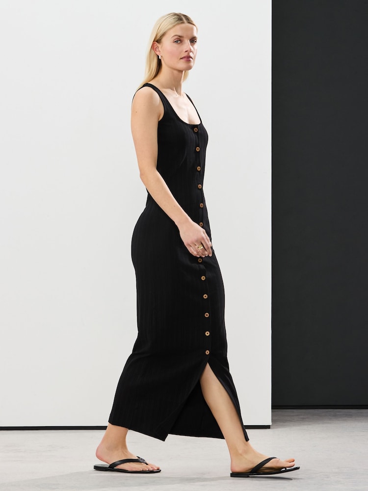 Black Square Neck Button Down Rib Column Midi Dress - Image 1 of 7