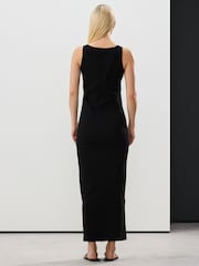 Black Square Neck Button Down Rib Column Midi Dress - Image 3 of 7