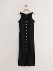 Black Square Neck Button Down Rib Column Midi Dress - Image 5 of 7