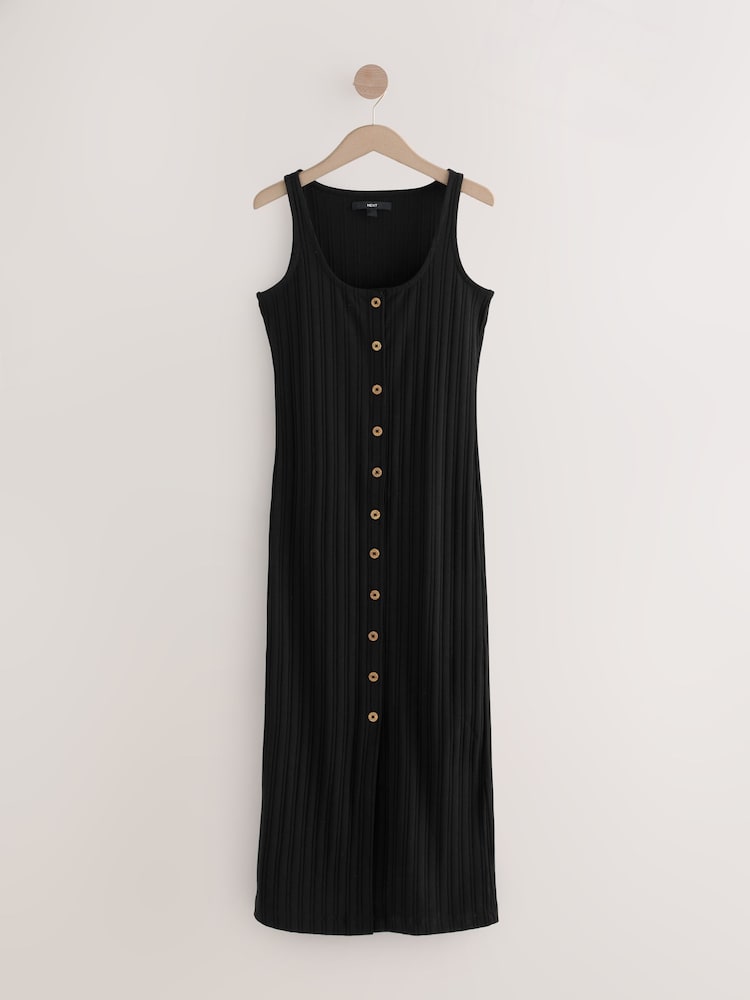 Black Square Neck Button Down Rib Column Midi Dress - Image 5 of 7