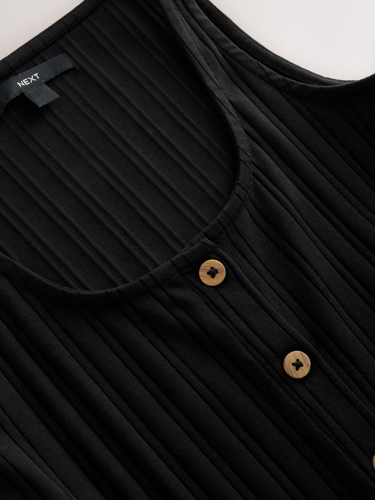 Black Square Neck Button Down Rib Column Midi Dress - Image 7 of 7