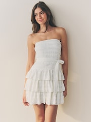 White Bandeau Ruffle Textured Tie Waist Mini Dress - Image 1 of 6