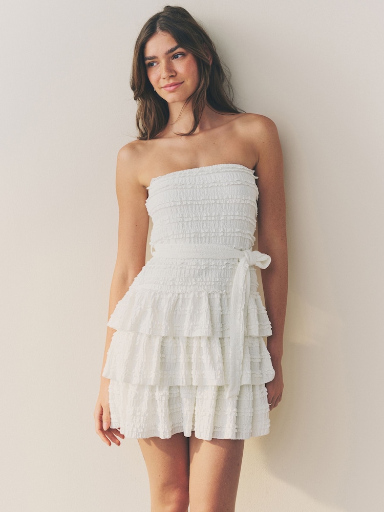 White Bandeau Ruffle Textured Tie Waist Mini Dress - Image 1 of 6