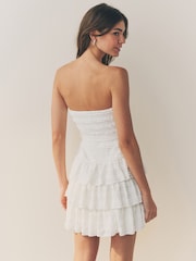 White Bandeau Ruffle Textured Tie Waist Mini Dress - Image 2 of 6
