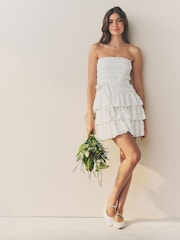 White Bandeau Ruffle Textured Tie Waist Mini Dress - Image 3 of 6