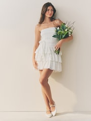 White Bandeau Ruffle Textured Tie Waist Mini Dress - Image 4 of 6