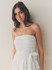 White Bandeau Ruffle Textured Tie Waist Mini Dress - Image 5 of 6