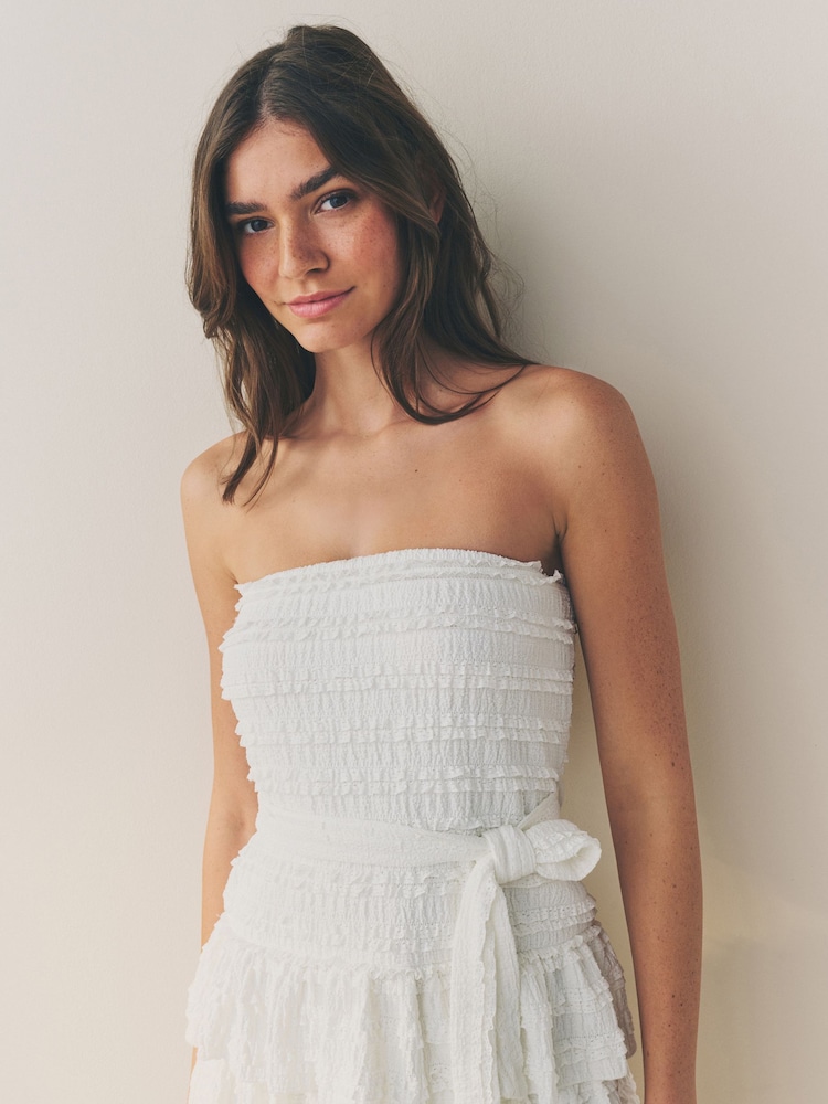 White Bandeau Ruffle Textured Tie Waist Mini Dress - Image 5 of 6