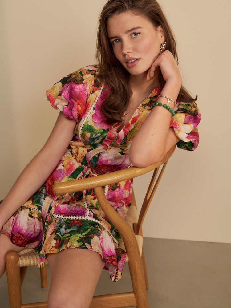 Pink Floral Button Through Lace Insert Mini Dress With Linen - Image 2 of 5