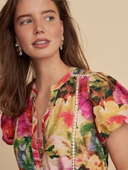 Pink Floral Button Through Lace Insert Mini Dress With Linen - Image 4 of 5