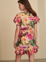 Pink Floral Button Through Lace Insert Mini Dress With Linen - Image 5 of 5