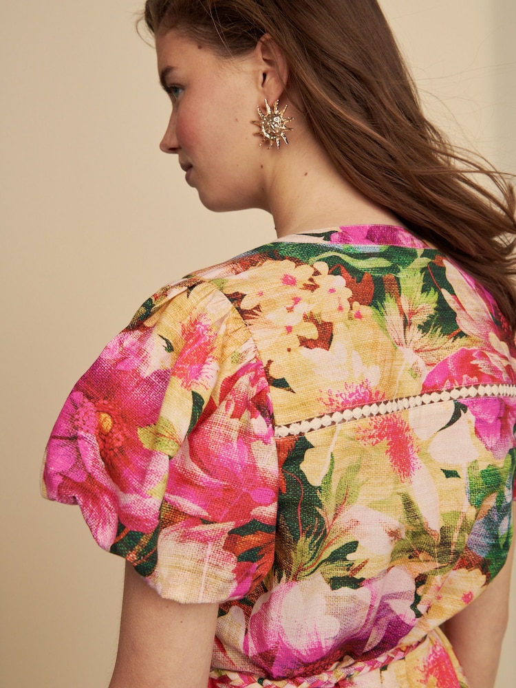 Pink Floral Button Through Lace Insert Mini Dress With Linen - Image 5 of 5