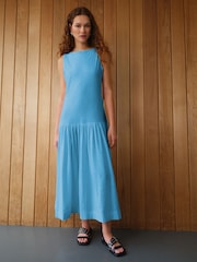 Bright Blue Sleeveless Drop Waist 100% Cotton Crew Neck Midi Dress - Image 1 of 6