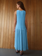 Bright Blue Sleeveless Drop Waist 100% Cotton Crew Neck Midi Dress - Image 2 of 6