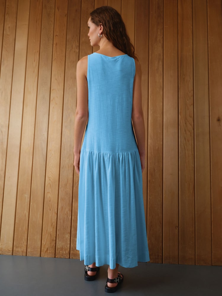 Bright Blue Sleeveless Drop Waist 100% Cotton Crew Neck Midi Dress - Image 2 of 6