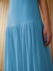 Bright Blue Sleeveless Drop Waist 100% Cotton Crew Neck Midi Dress - Image 3 of 6