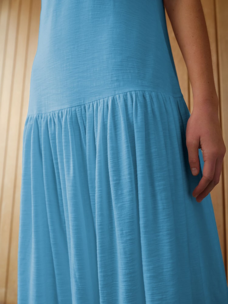 Bright Blue Sleeveless Drop Waist 100% Cotton Crew Neck Midi Dress - Image 3 of 6
