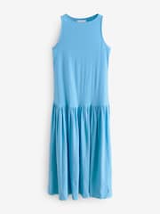 Bright Blue Sleeveless Drop Waist 100% Cotton Crew Neck Midi Dress - Image 4 of 6
