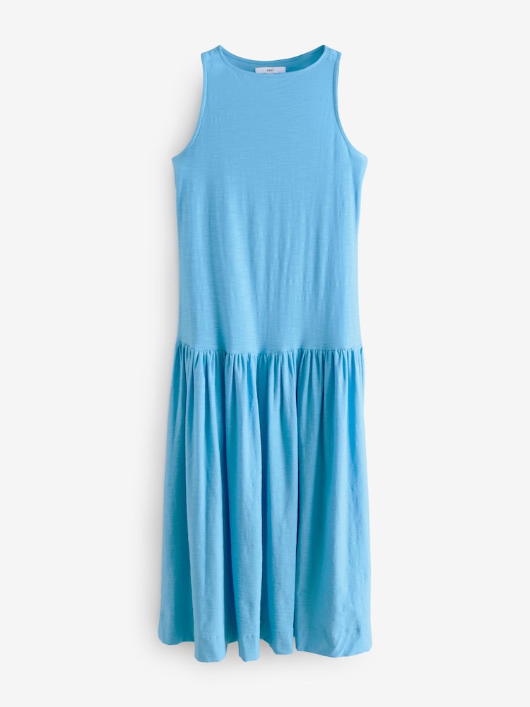 Bright Blue Sleeveless Drop Waist 100% Cotton Crew Neck Midi Dress - Image 4 of 6