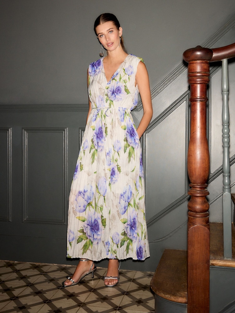 Weiß/Lila/Blau/Floralmuster - Plissiertes Midikleid mit V-Ausschnitt, Schulterpolstern und Bindeband an der Taille - Bild 1 von 5 Weiß/Lila/Blau/Floralmuster - Plissiertes Midikleid mit V-Ausschnitt, Schulterpolstern und Bindeband an der Taille - Bild 1 von 5