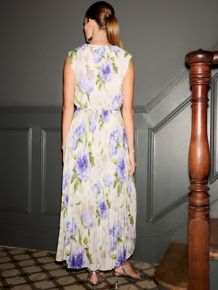 White Purple Blue Floral Shoulder Pad V Neck Tie Waist Plisse Midi Dress - Image 3 of 5