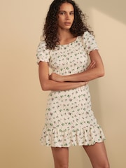 Ecru Ditsy Print Shirred Puff Sleeve Mini Dress - Image 1 of 7