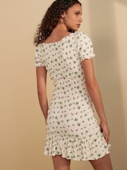 Ecru Ditsy Print Shirred Puff Sleeve Mini Dress - Image 2 of 7