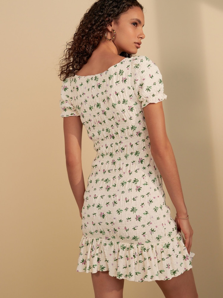 Ecru Ditsy Print Shirred Puff Sleeve Mini Dress - Image 2 of 7 Ecru Ditsy Print Shirred Puff Sleeve Mini Dress - Image 2 of 7