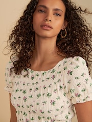 Ecru Ditsy Print Shirred Puff Sleeve Mini Dress - Image 3 of 7