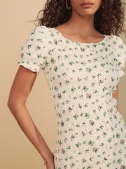 Ecru Ditsy Print Shirred Puff Sleeve Mini Dress - Image 4 of 7