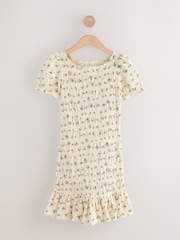 Ecru Ditsy Print Shirred Puff Sleeve Mini Dress - Image 5 of 7