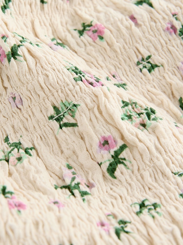 Ecru Ditsy Print Shirred Puff Sleeve Mini Dress - Image 6 of 7