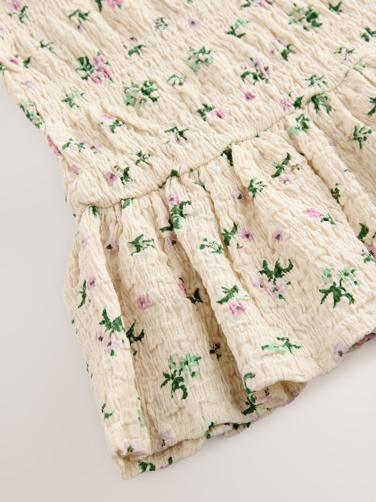 Ecru Ditsy Print Shirred Puff Sleeve Mini Dress - Image 7 of 7