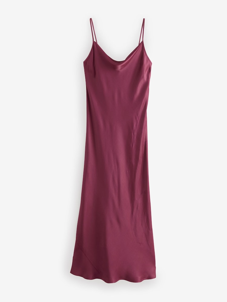 Burgundy Red Satin Cowl Neck Strappy Tie Back Midi Slip Dress - Image 5 of 7
