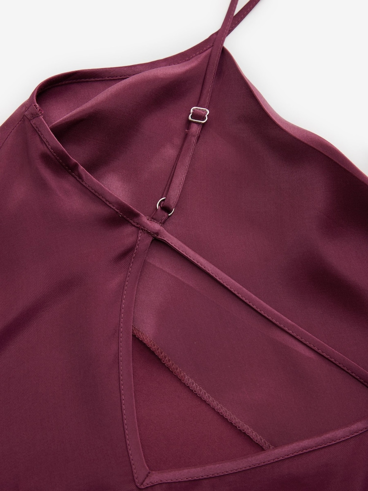 Burgundy Red Satin Cowl Neck Strappy Tie Back Midi Slip Dress - Image 6 of 7