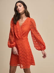 Bright Orange Long Sleeve Lace A-Line Mini Dress - Image 1 of 6