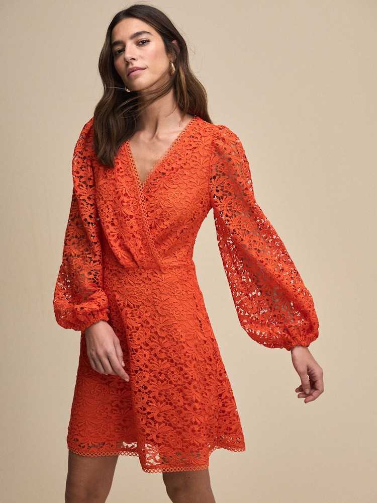 Bright Orange Long Sleeve Lace A-Line Mini Dress - Image 1 of 6