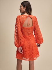 Bright Orange Long Sleeve Lace A-Line Mini Dress - Image 3 of 6
