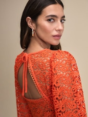 Bright Orange Long Sleeve Lace A-Line Mini Dress - Image 4 of 6