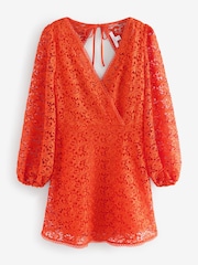 Bright Orange Long Sleeve Lace A-Line Mini Dress - Image 5 of 6