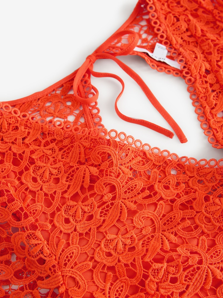 Bright Orange Long Sleeve Lace A-Line Mini Dress - Image 6 of 6