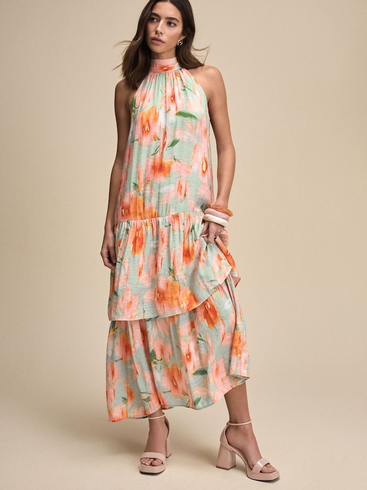 Light Blue And Orange Smudge Print Halter Tie Neck Layered Maxi Dress - Image 1 of 7 Light Blue And Orange Smudge Print Halter Tie Neck Layered Maxi Dress - Image 1 of 7