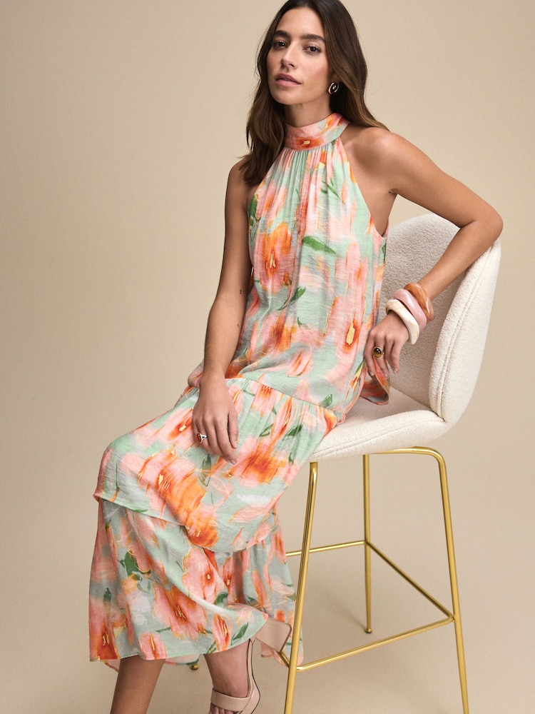 Light Blue And Orange Smudge Print Halter Tie Neck Layered Maxi Dress - Image 2 of 7 Light Blue And Orange Smudge Print Halter Tie Neck Layered Maxi Dress - Image 2 of 7
