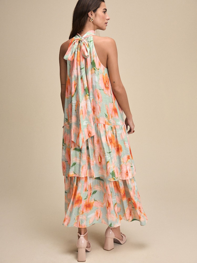 Light Blue And Orange Smudge Print Halter Tie Neck Layered Maxi Dress - Image 3 of 7