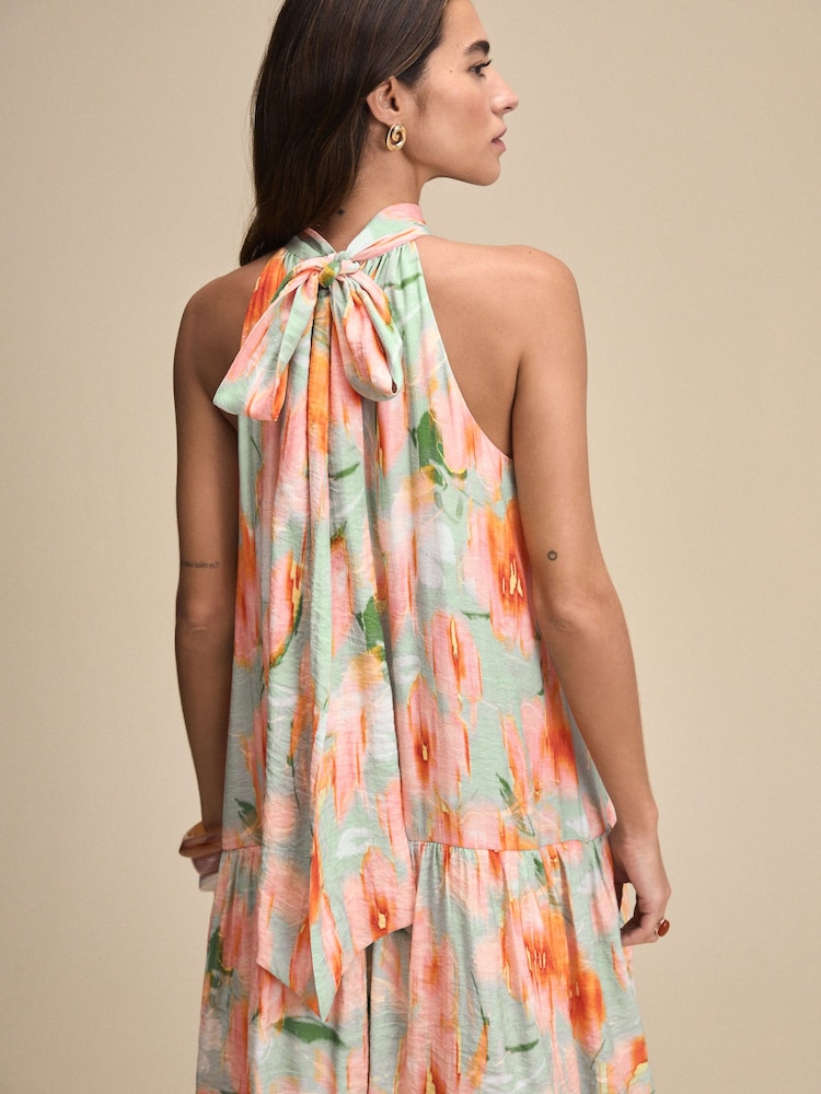 Light Blue And Orange Smudge Print Halter Tie Neck Layered Maxi Dress - Image 4 of 7