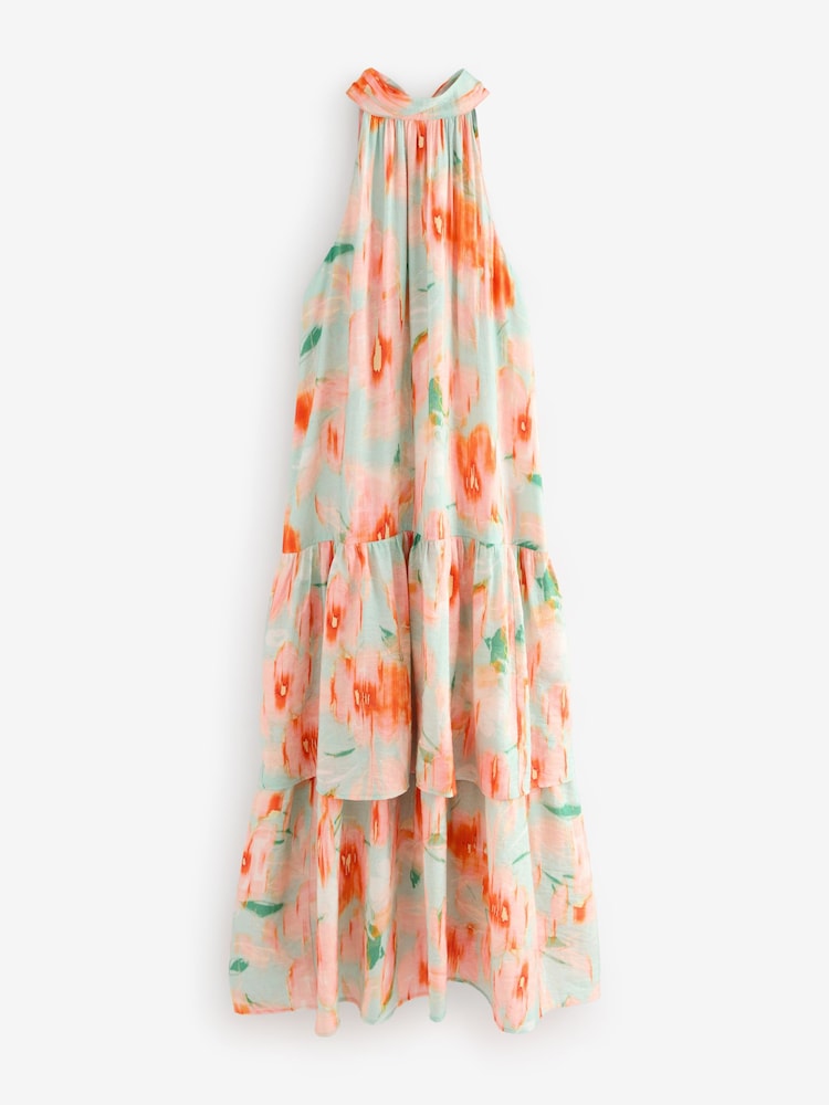 Light Blue And Orange Smudge Print Halter Tie Neck Layered Maxi Dress - Image 5 of 7