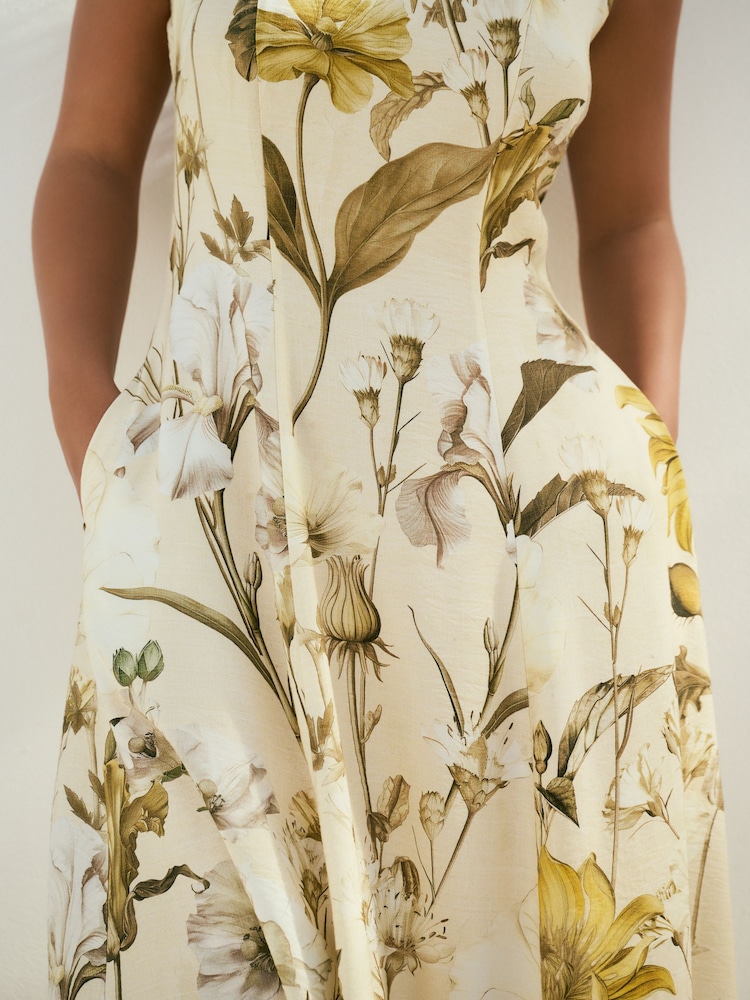Pastel Yellow Floral Print Sleeveless Column A-Line Maxi Dress - Image 3 of 6