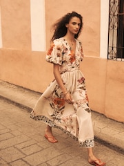 Ecru Cream Floral Puff Sleeve Button Down Occasion Maxi 100% Cotton Dress - Image 1 of 8