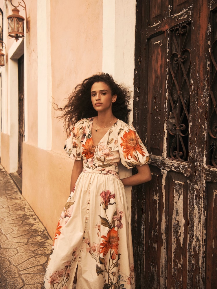 Ecru Cream Floral Puff Sleeve Button Down Occasion Maxi 100% Cotton Dress - Image 2 of 8