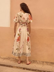 Ecru Cream Floral Puff Sleeve Button Down Occasion Maxi 100% Cotton Dress - Image 3 of 8
